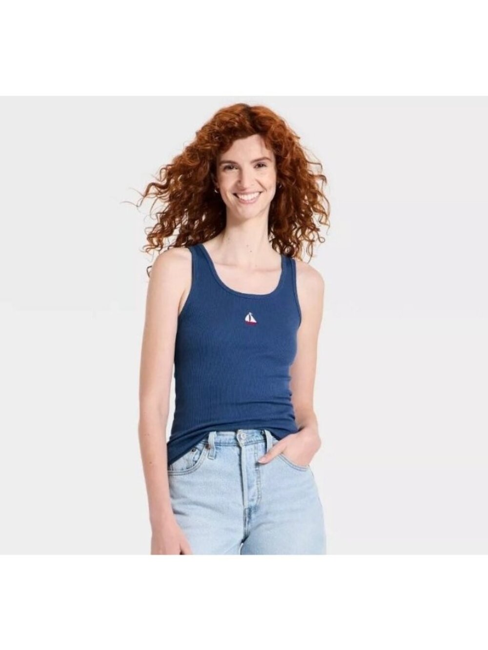 Universal Thread Women's Blue Ribbed Tank Top XL Embroidered Sailboat New